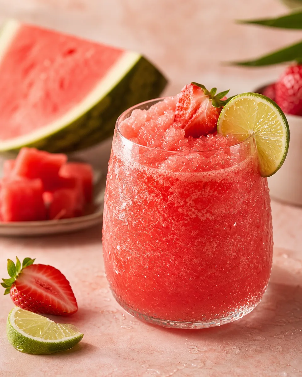 Watermelon Strawberry Lime Slush in a chilled glass