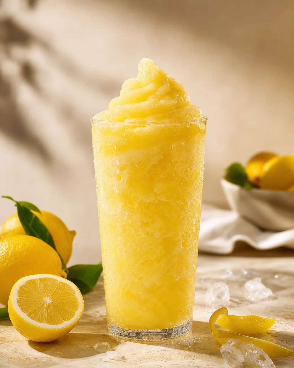 Whipped Lemonade Slush in a glass with a creamy pale yellow finish