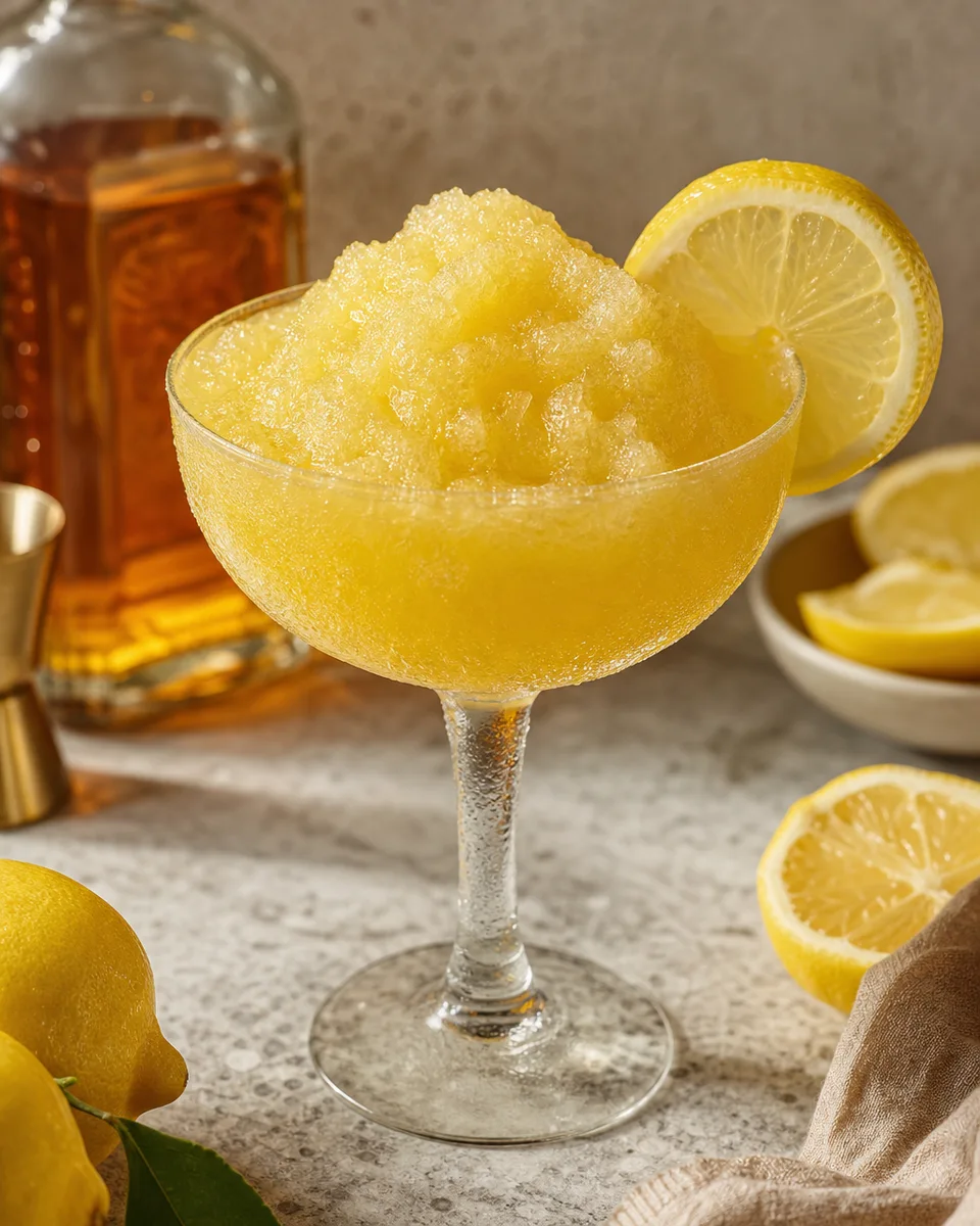 Whiskey Sour Slush with a golden lemon color in a chilled glass