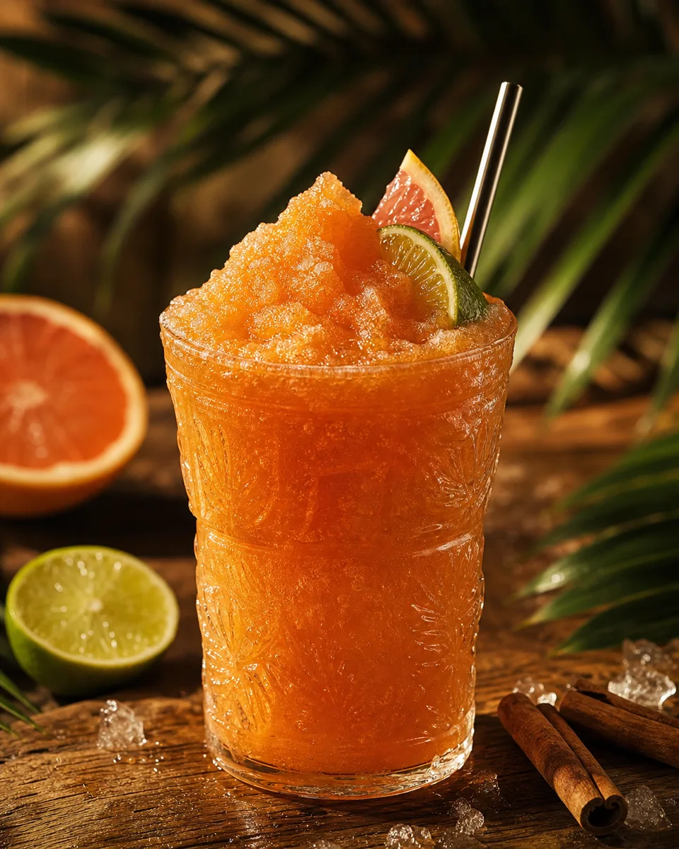 Zombie rum citrus slush in a chilled glass with a warm orange tint